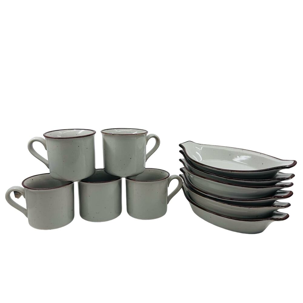 Stoneware 11 Pc Mug Au Gratin Dish Set Cream Brown Speckled VTG Organic Modern